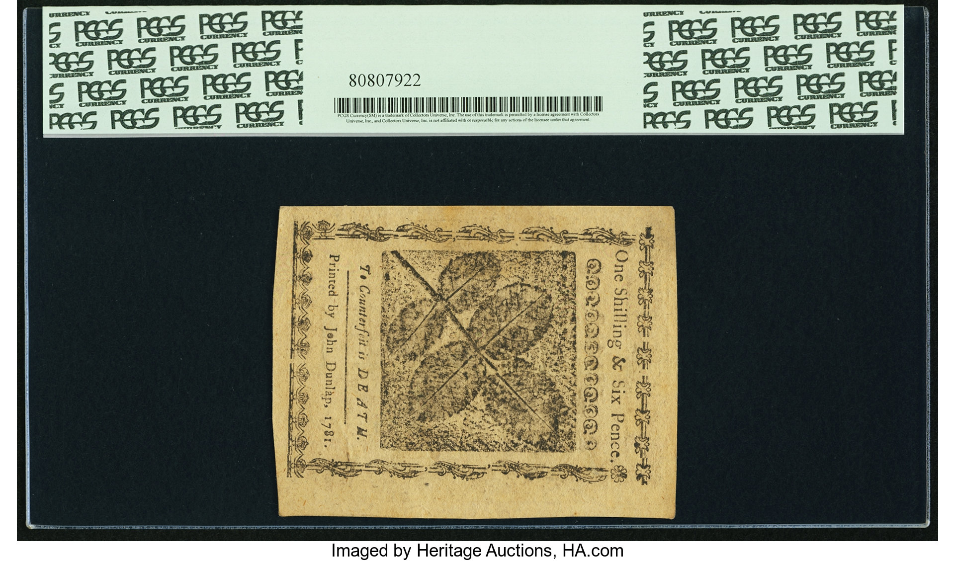 image for: Pennsylvania April 20, 1781 1s6d PCGS Choice About New 58....