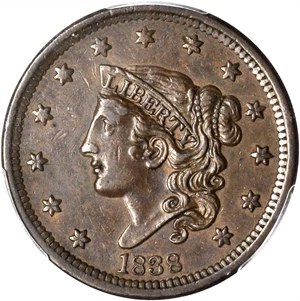 image for: 1838 Modified Matron Head Cent. N-9. Rarity-3. AU-55 (PCGS).