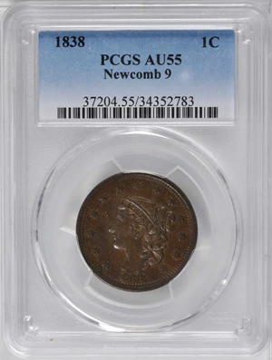 image for: 1838 Modified Matron Head Cent. N-9. Rarity-3. AU-55 (PCGS).