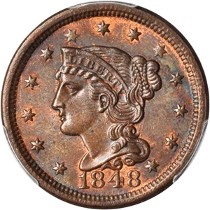 image for: 1848 Braided Hair Cent. N-20. Rarity-3. MS-63 RB (PCGS).