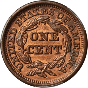 image for: 1848 Braided Hair Cent. N-20. Rarity-3. MS-63 RB (PCGS).