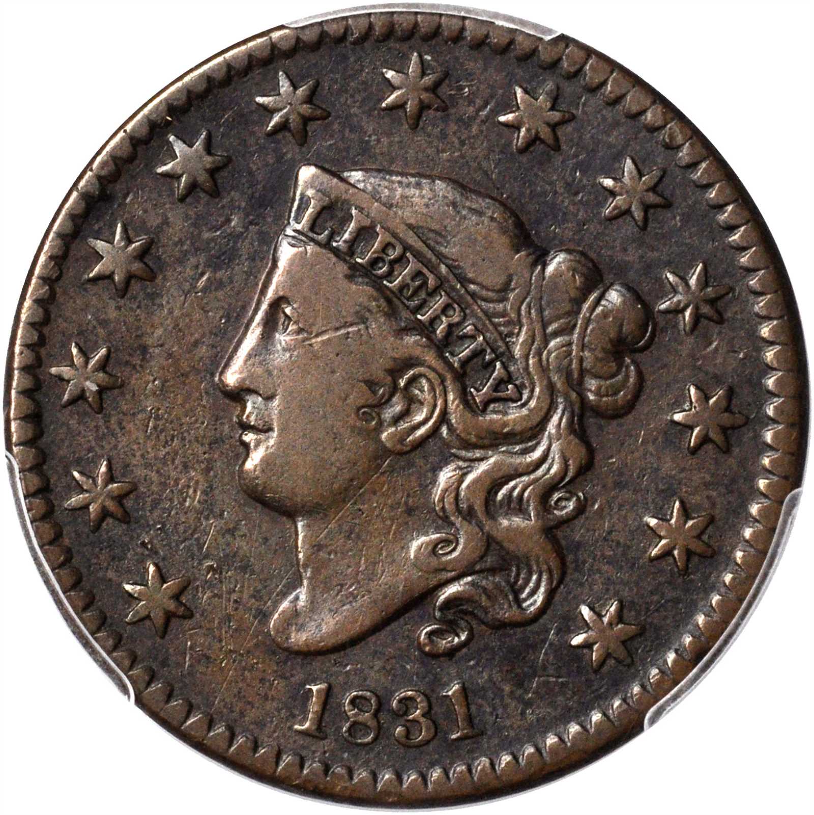 image for: 1831 Matron Head Cent. N-8. Rarity-3. Large Letters. Fine-15 (PCGS).