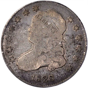 image for: 1828 Capped Bust Quarter. B-3. Rarity-5. 25/50 C. Good-6 (PCGS).