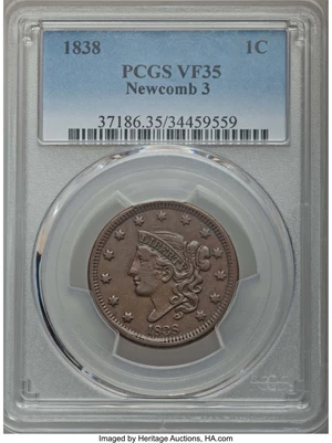 image for: 1838 1C N-3, R.1, VF35 PCGS. PCGS Population: (1/9). NGC Census: (0/14). Mintage 6,370,200. ...