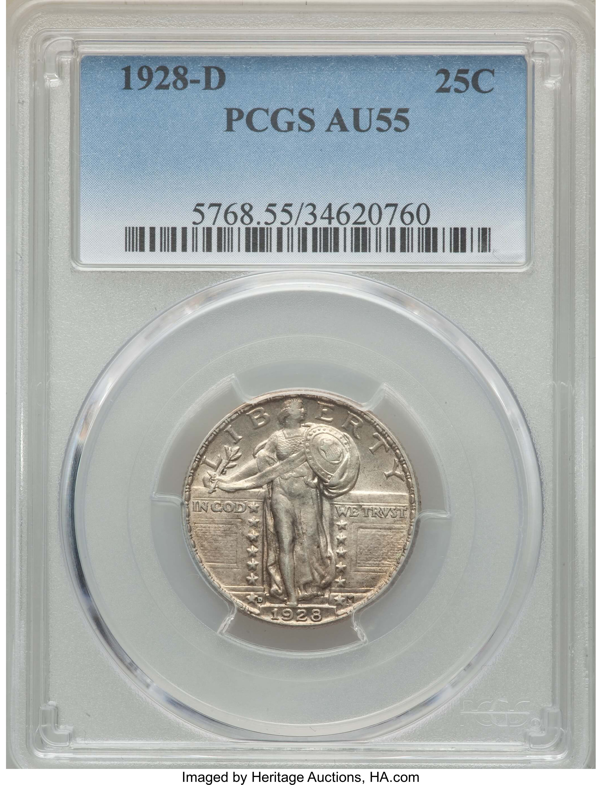 1928-D 25C AU55 PCGS. PCGS Population: (48/2268). NGC Census: (21/1339). AU55. Mintage 1,627,600. From the E.B. Stri...