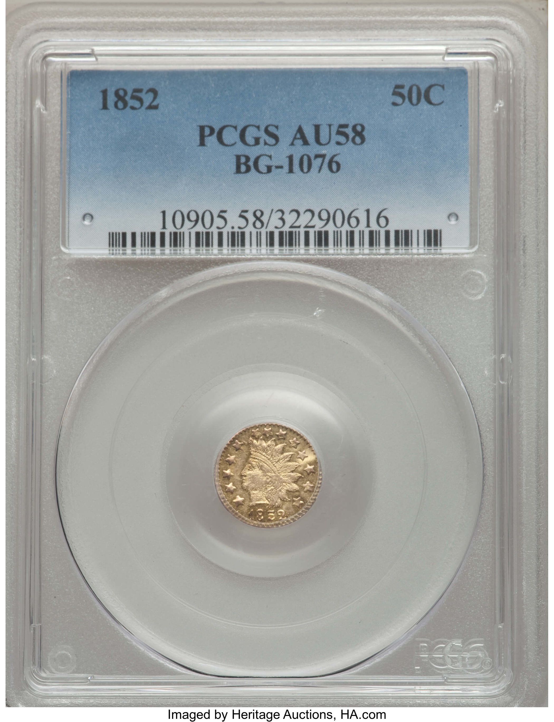 image for: 1852 50C Indian Round 50 Cents, BG-1076, Low R.6, AU58 PCGS. PCGS Population: (1/25). NGC Census: (0/1).  ...