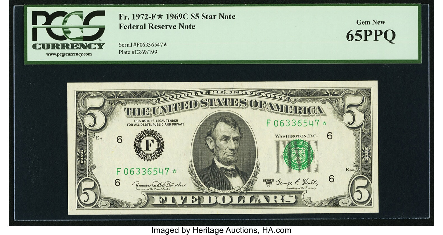 image for: Fr. 1972-F* $5 1969C Federal Reserve Star Note. PCGS Gem New 65PPQ....