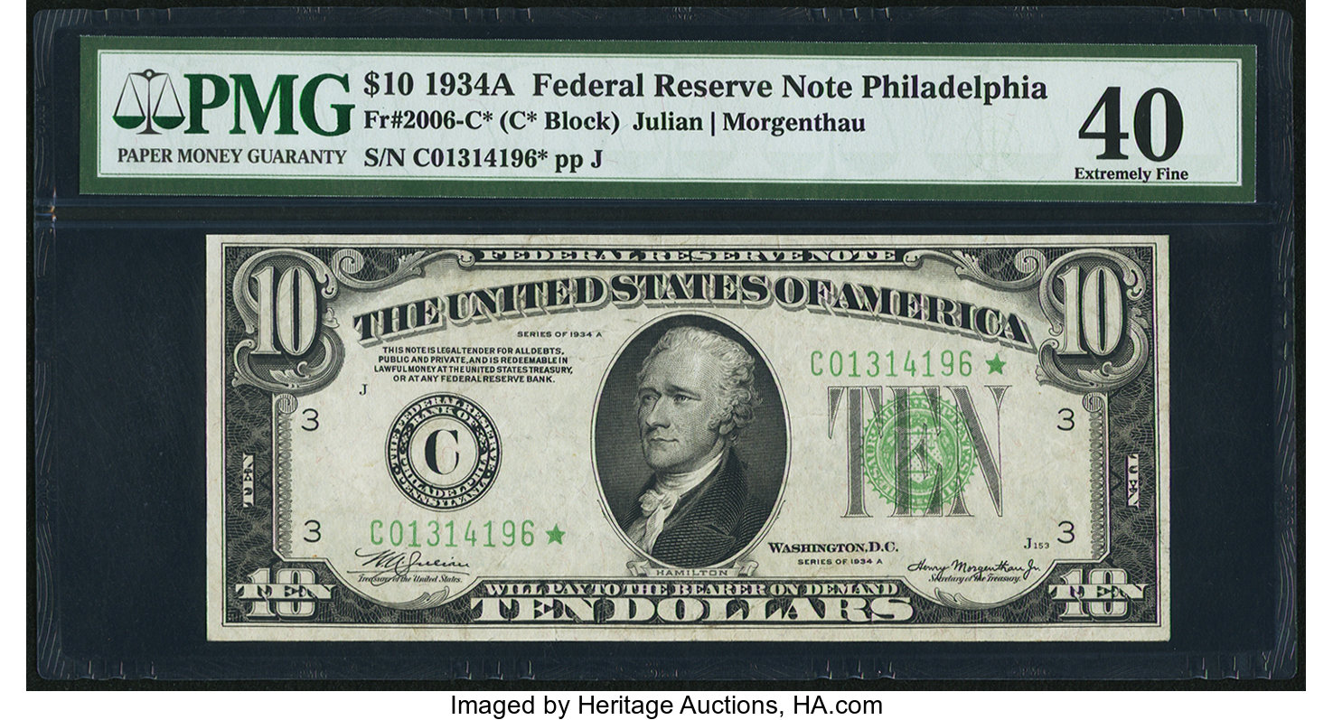 image for: Fr. 2006-C* $10 1934A Federal Reserve Star Note. PMG Extremely Fine 40....