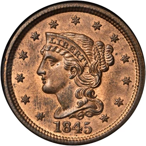 image for: 1845 Braided Hair Cent. N-11. Rarity-3. MS-64 RB (NGC). CAC. OH.