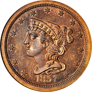 image for: 1857 Braided Hair Half Cent. B-2. Rarity-4. Proof-65 RB (NGC).