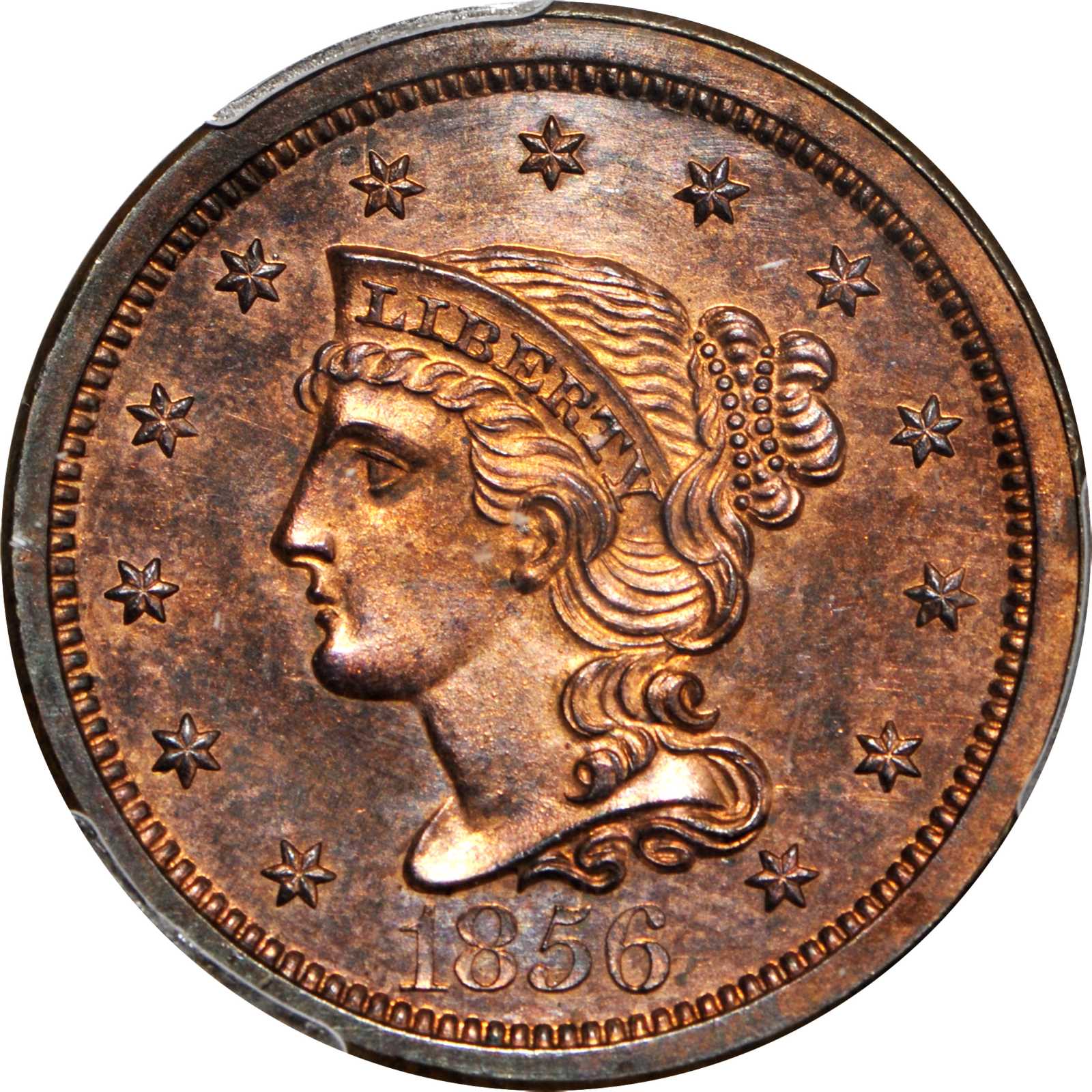 image for: 1856 Braided Hair Cent. N-5. Rarity-5. Slanting 5. Proof-64 RB (PCGS).