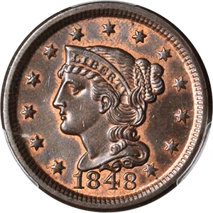 image for: 1848 Braided Hair Cent. N-35. Rarity-2. MS-64 RB (PCGS). CAC.