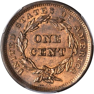 image for: 1842 Braided Hair Cent. N-7. Rarity-2. Large Date. MS-63 RB (PCGS).