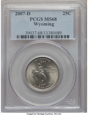 image for: 2007-D 25C Wyoming MS68 PCGS. PCGS Population: (10/0). NGC Census: (3/0). ...