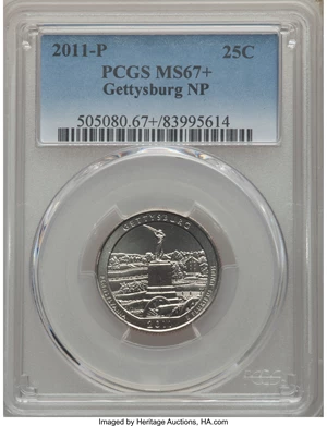 image for: 2011-P 25C Gettysburg MS67+ PCGS. PCGS Population: (107/1 and 5/0+). NGC Census: (0/0 and 0/0+)....