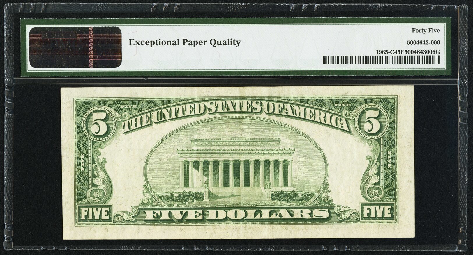 image for: Low Serial Number Fr. 1965-C $5 1950D Federal Reserve Note. PMG Choice Extremely Fine 45 EPQ....