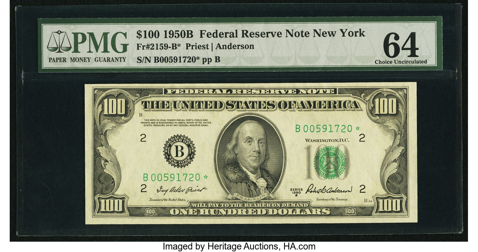 image for: Fr. 2159-B* $100 1950B Federal Reserve Star Note. PMG Choice Uncirculated 64....