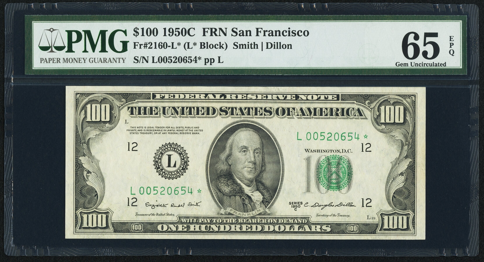 image for: Fr. 2160-L* $100 1950C Federal Reserve Star Note. PMG Gem Uncirculated 65 EPQ....