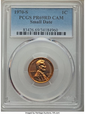image for: 1970-S 1C Small Date PR69 Red Cameo PCGS. PCGS Population: (14/0). NGC Census: (1/0)....