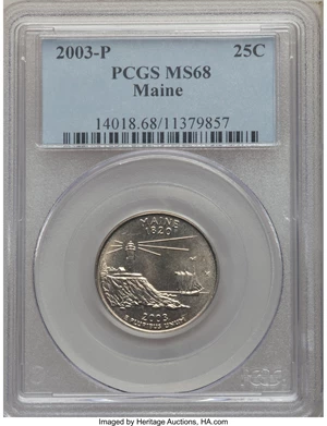 image for: 2003-P 25C Maine MS68 PCGS. PCGS Population: (21/0). NGC Census: (4/0). From The jwb1040 Collection. ...