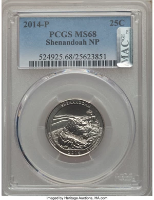image for: 2014-P 25C Shenandoah National Park, Clad, MS68 PCGS. PCGS Population: (1/0). NGC Census: (0/0).From The jwb1040 Coll...
