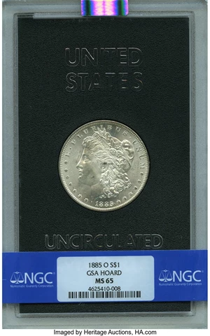 image for: 1885-O $1 GSA MS65 NGC. NGC Census: (0/0). PCGS Population: (5/0). MS65. Mintage 9,185,000. ...