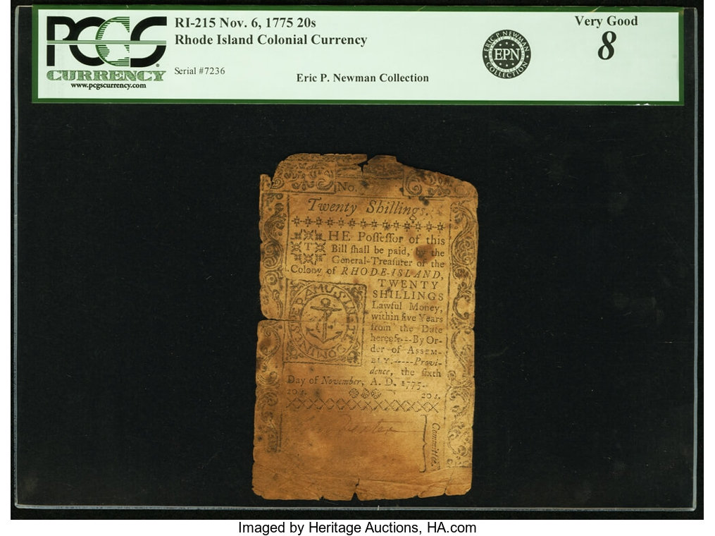 image for: Rhode Island November 6, 1775 20s PCGS Very Good 8....