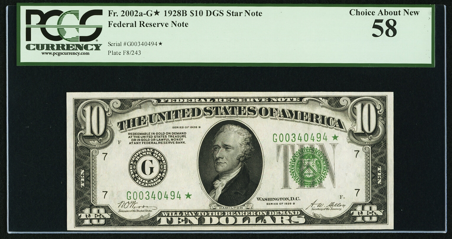 image for: Fr. 2002-G* $10 1928B Federal Reserve Star Note. PCGS Choice About New 58....