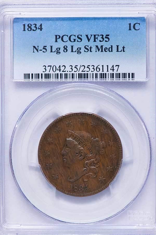 image for: L1C 1834 N-5. LG 8, LG ST, MED LETTERS.  PCGS VF35