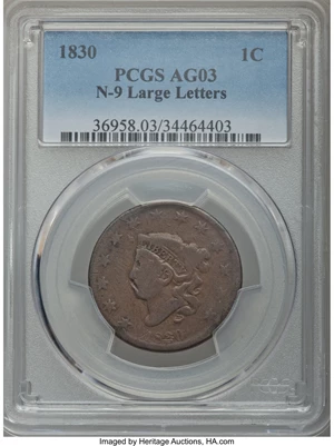 image for: 1830 1C Large Letters, N-9, R.6, AG3 PCGS....