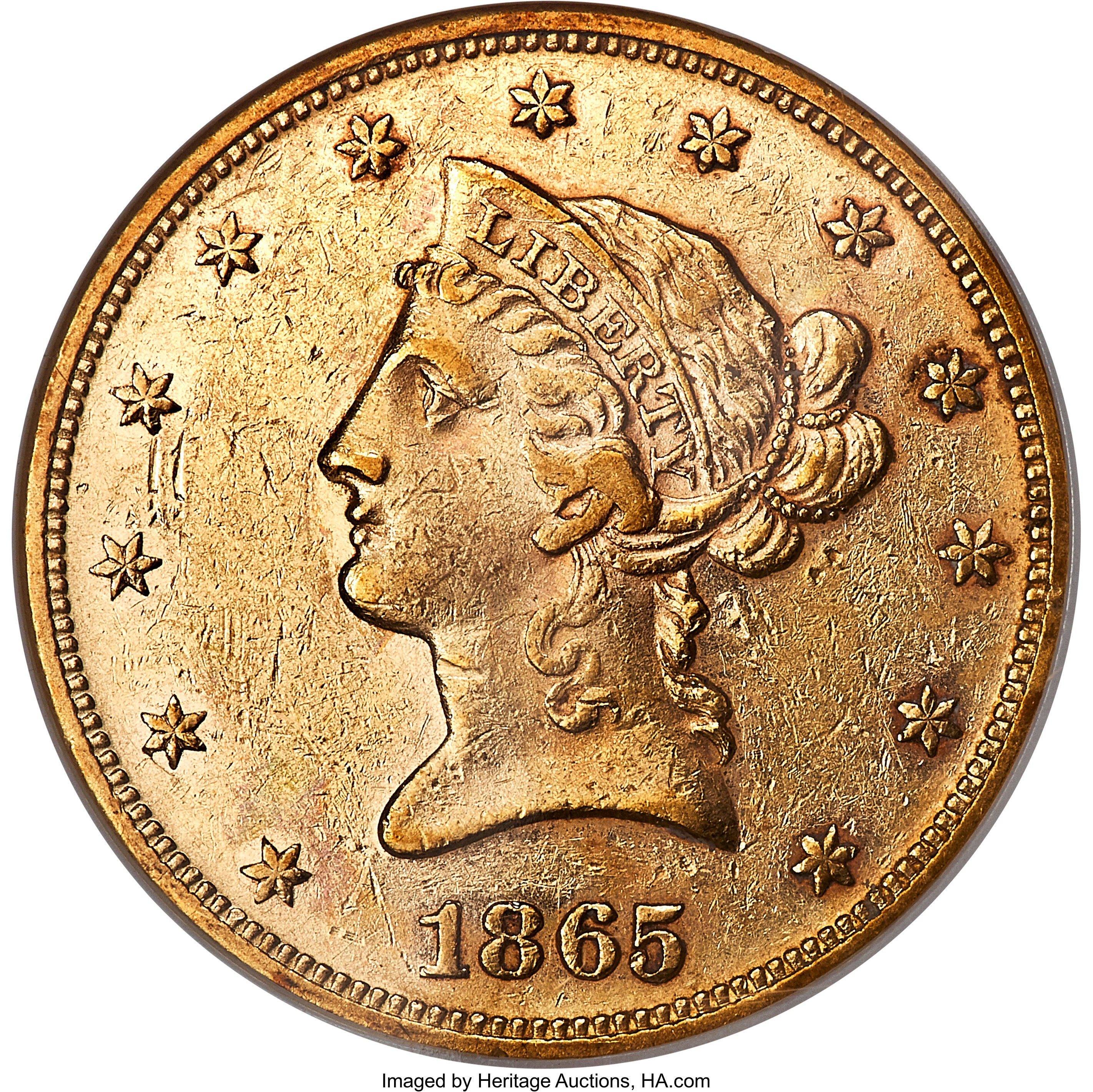 image for: 1865 $10 AU50 NGC....
