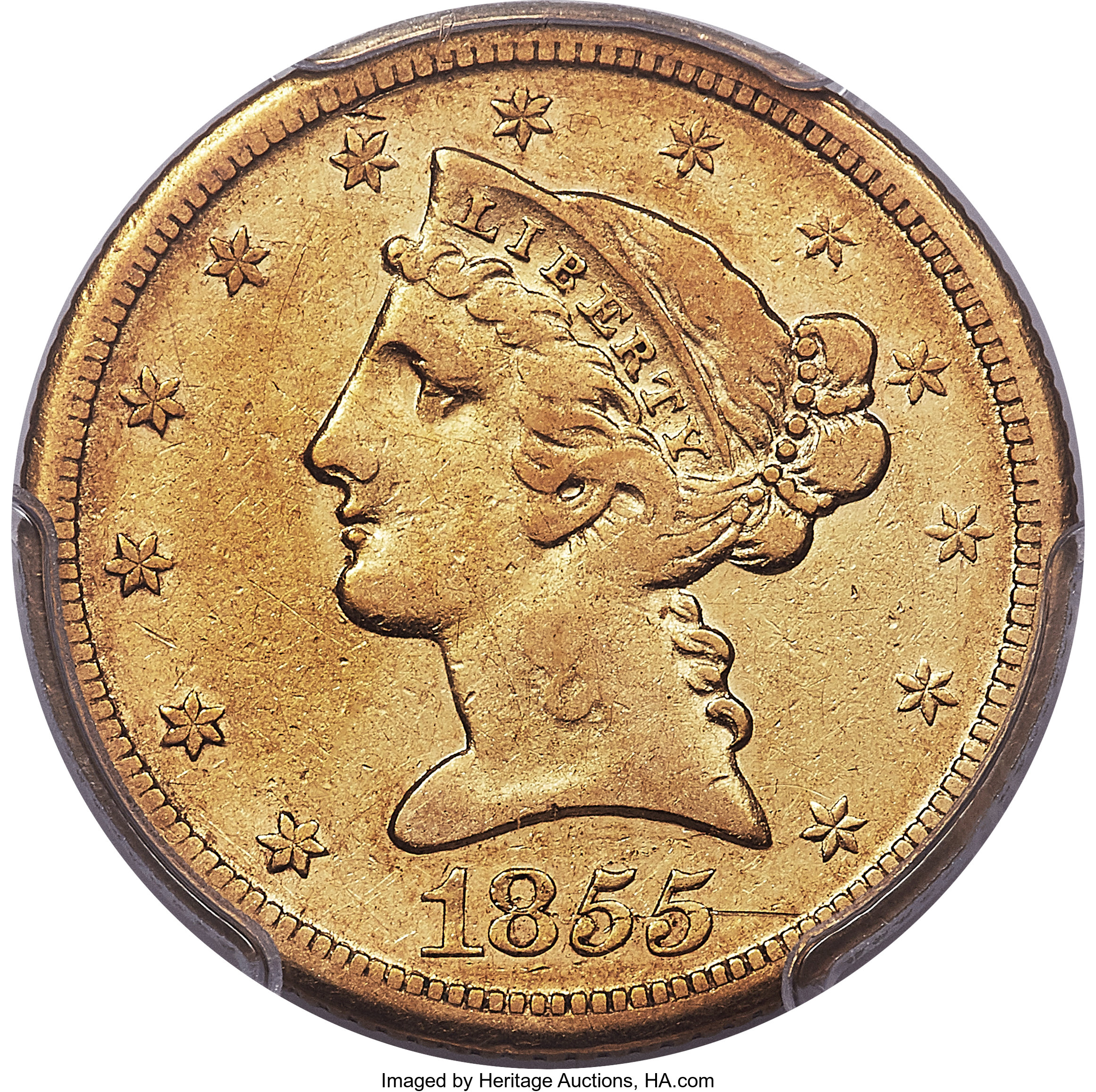 image for: 1855-D $5 Medium D XF40 PCGS. Variety 38-CC....