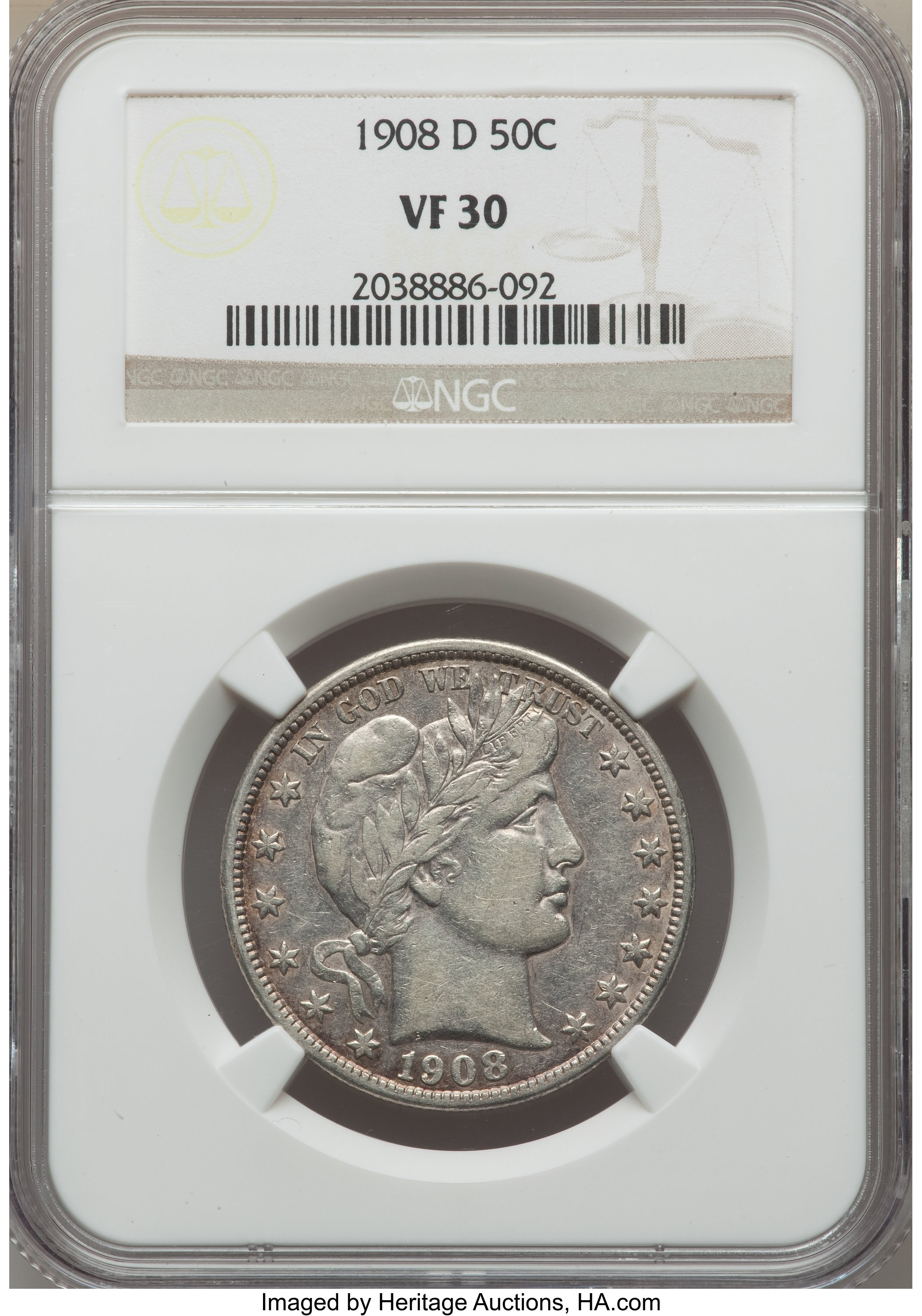 1908-D 50C VF30 NGC. NGC Census: (18/272). PCGS Population: (36/533). Mintage 3,280,000. ...
