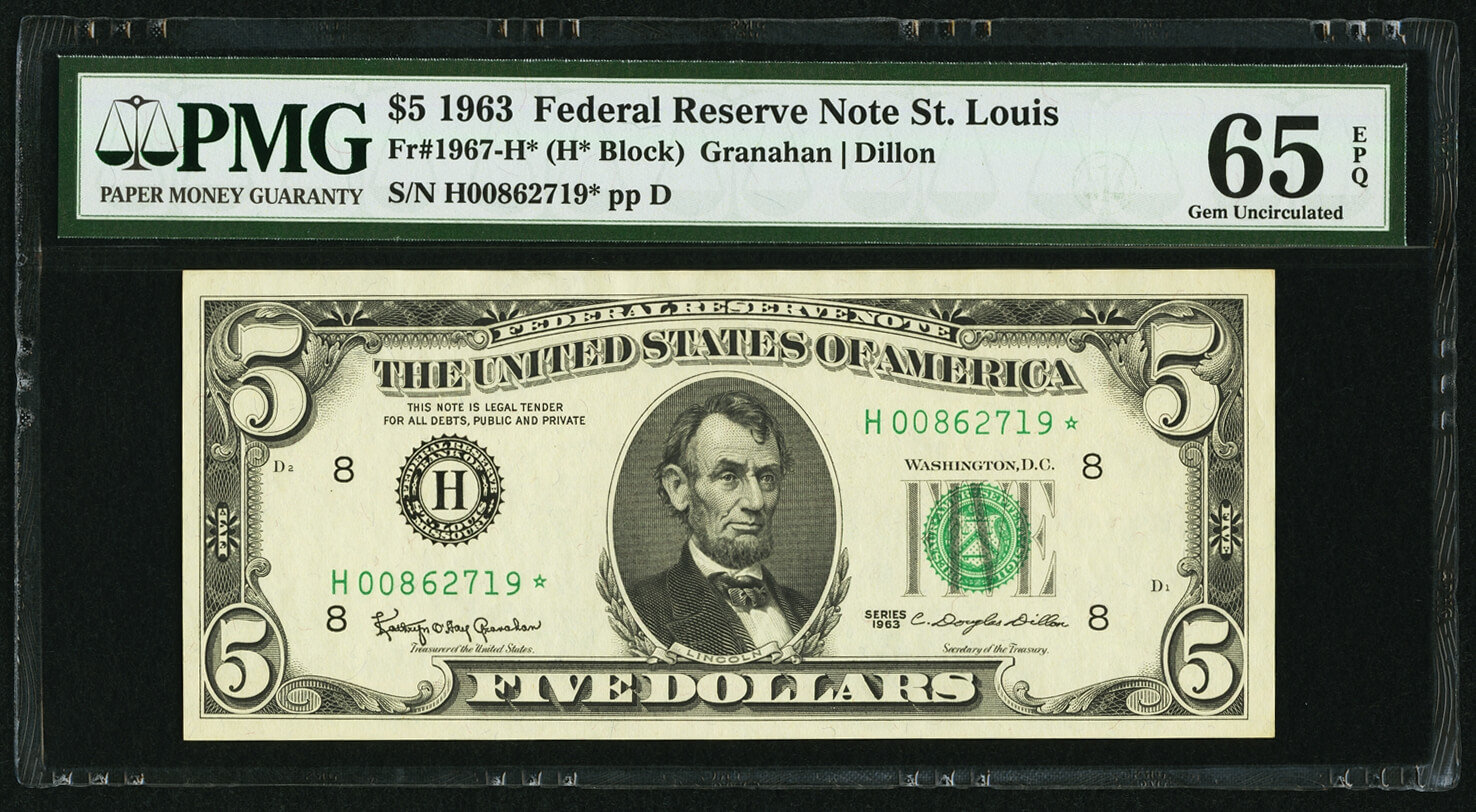 image for: Fr. 1967-H* $5 1963 Federal Reserve Note. PMG Gem Uncirculated 65 EPQ....