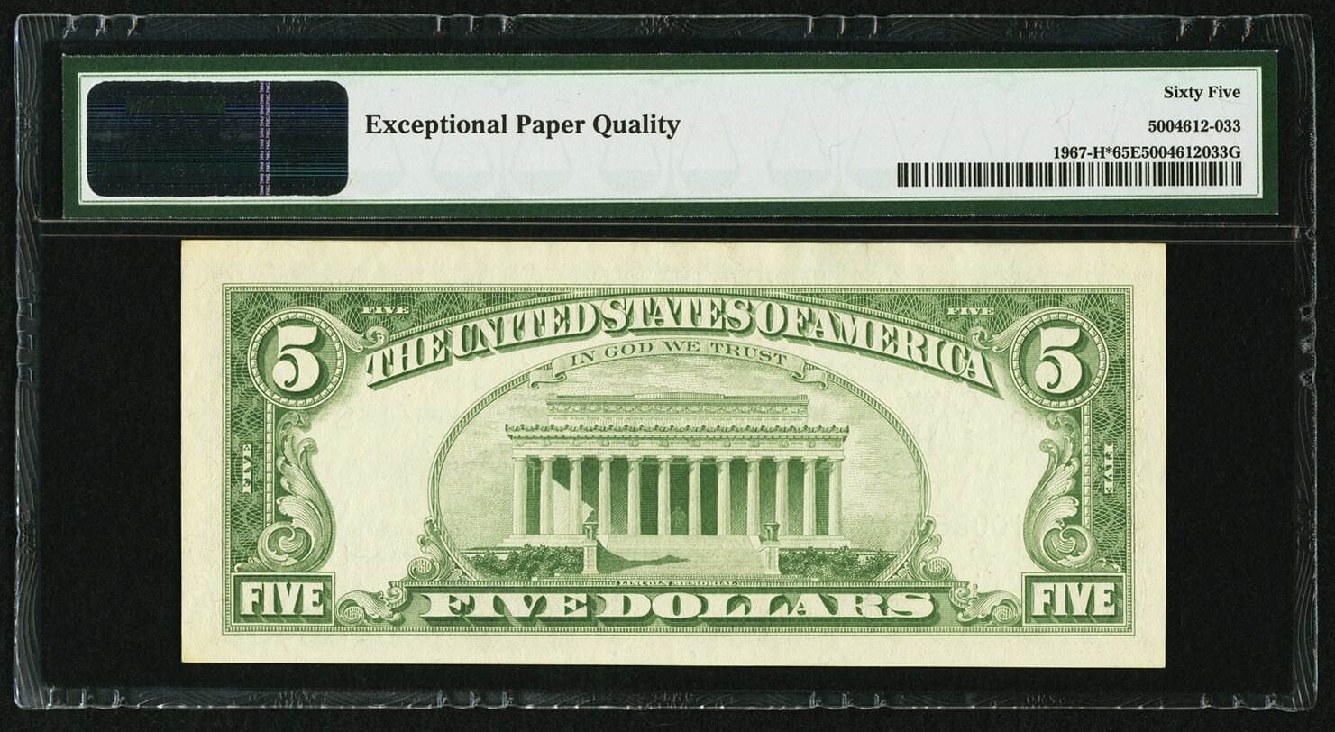 image for: Fr. 1967-H* $5 1963 Federal Reserve Note. PMG Gem Uncirculated 65 EPQ....