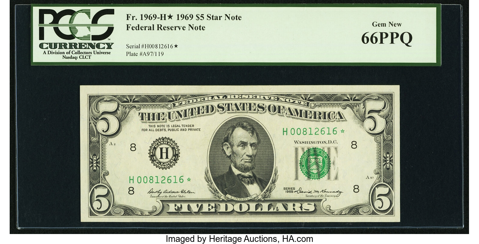 image for: Fr. 1969-H* $5 1969 Federal Reserve Star Note. PCGS Gem New 66PPQ....