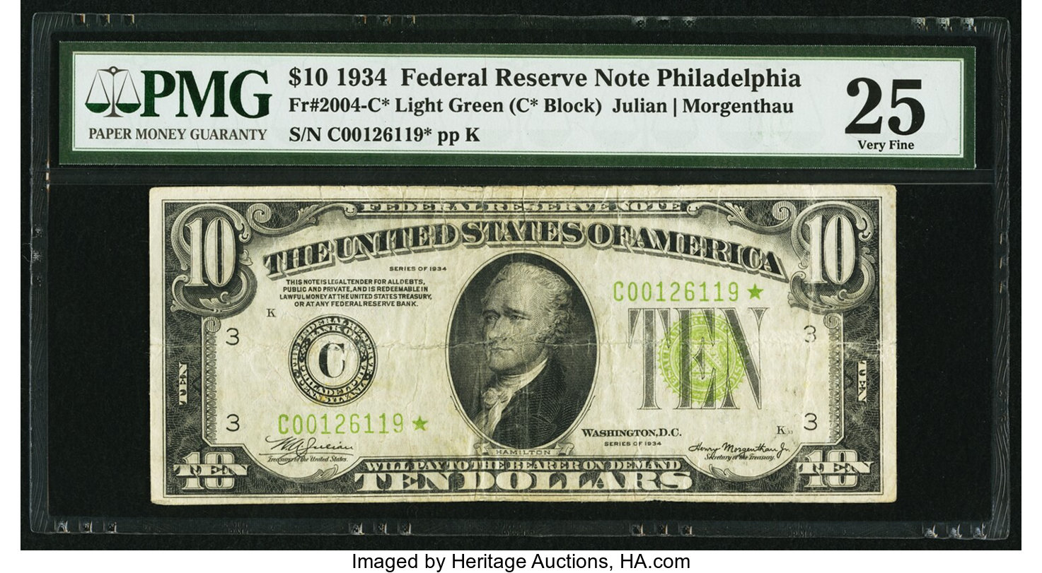 image for: Fr. 2004-C* $10 1934 Light Green Seal Federal Reserve Star Note. PMG Very Fine 25....