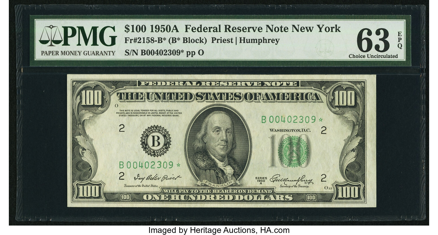 image for: Fr. 2158-B* $100 1950A Federal Reserve Star Note. PMG Choice Uncirculated 63 EPQ....
