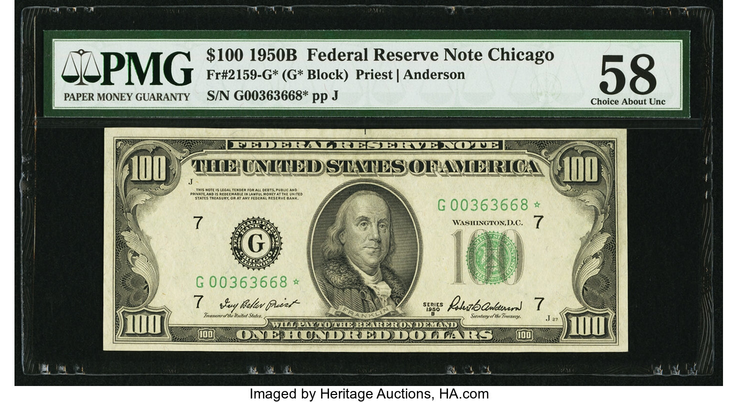 image for: Fr. 2159-G* $100 1950B Federal Reserve Star Note. PMG Choice About Unc 58....
