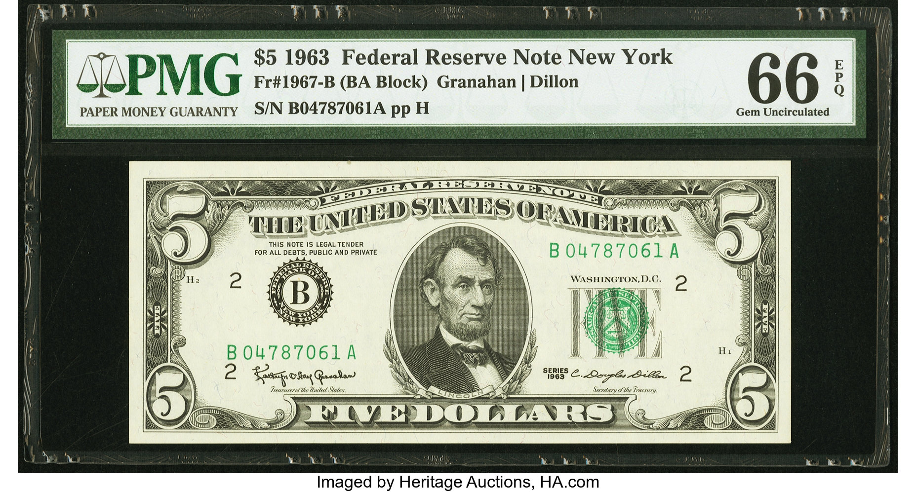 image for: Fr. 1967-B $5 1963 Federal Reserve Note. PMG Gem Uncirculated 66 EPQ....