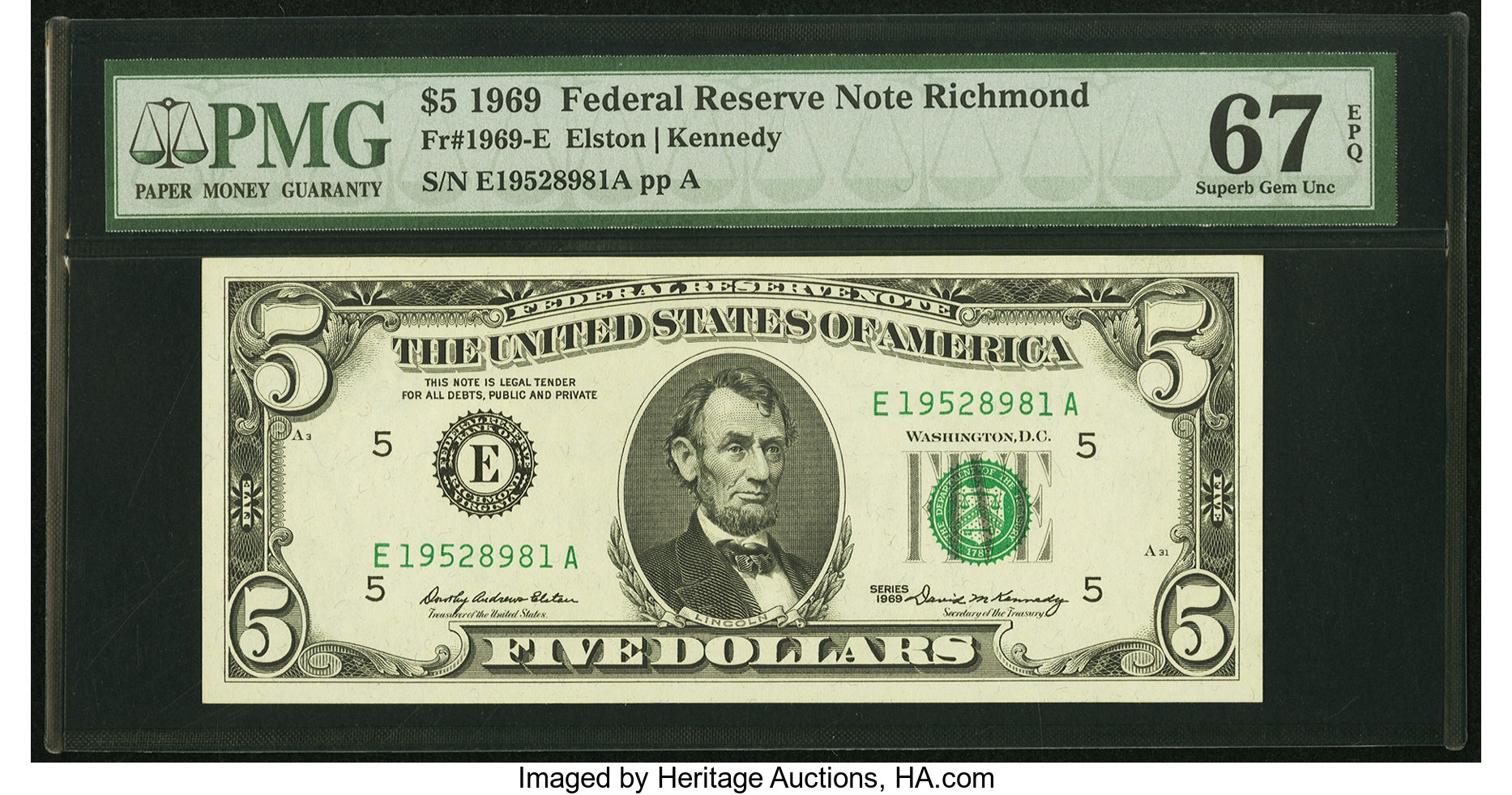 image for: Fr. 1969-E $5 1969 Federal Reserve Note. PMG Superb Gem Unc 67 EPQ....