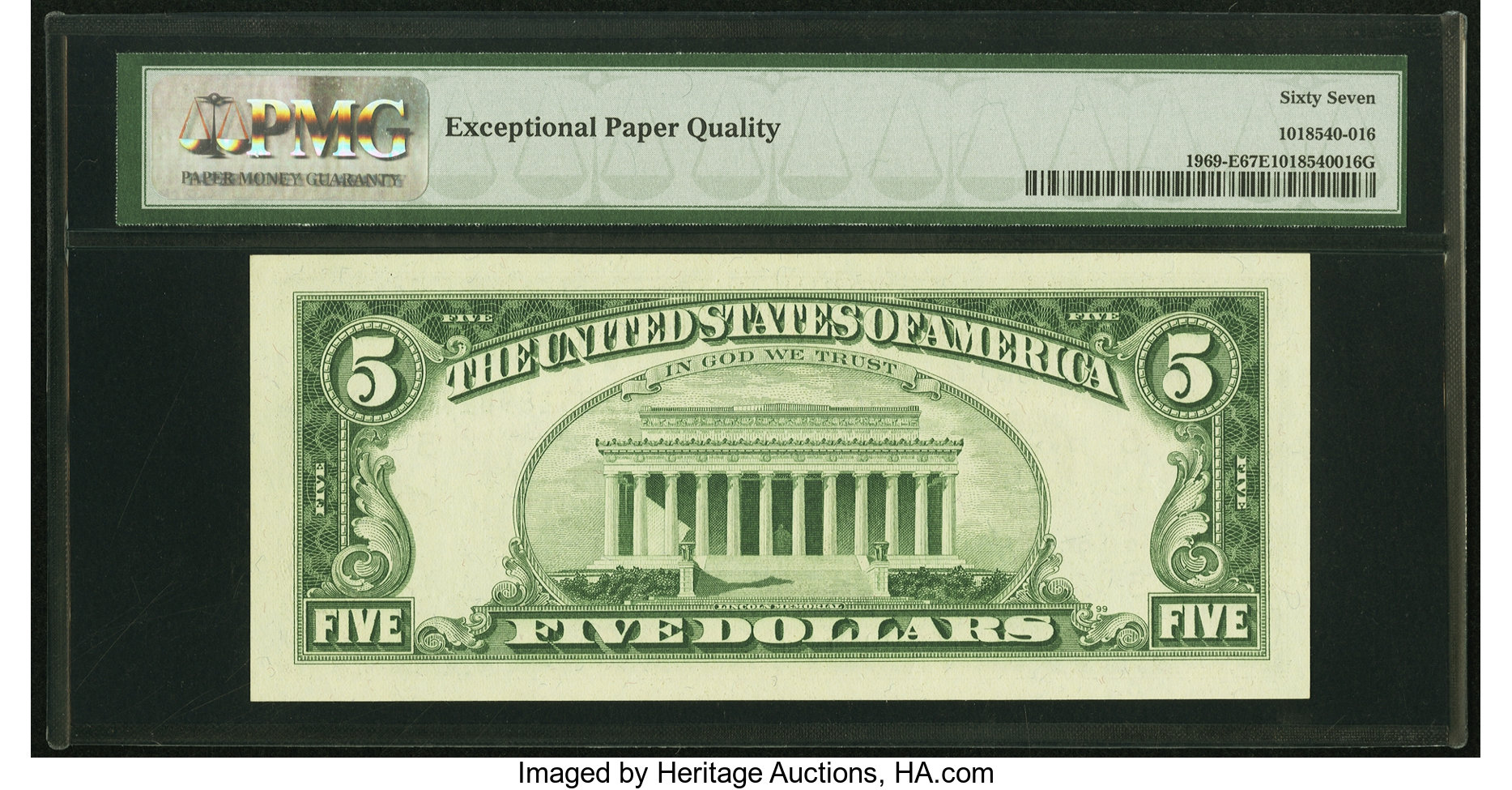 image for: Fr. 1969-E $5 1969 Federal Reserve Note. PMG Superb Gem Unc 67 EPQ....