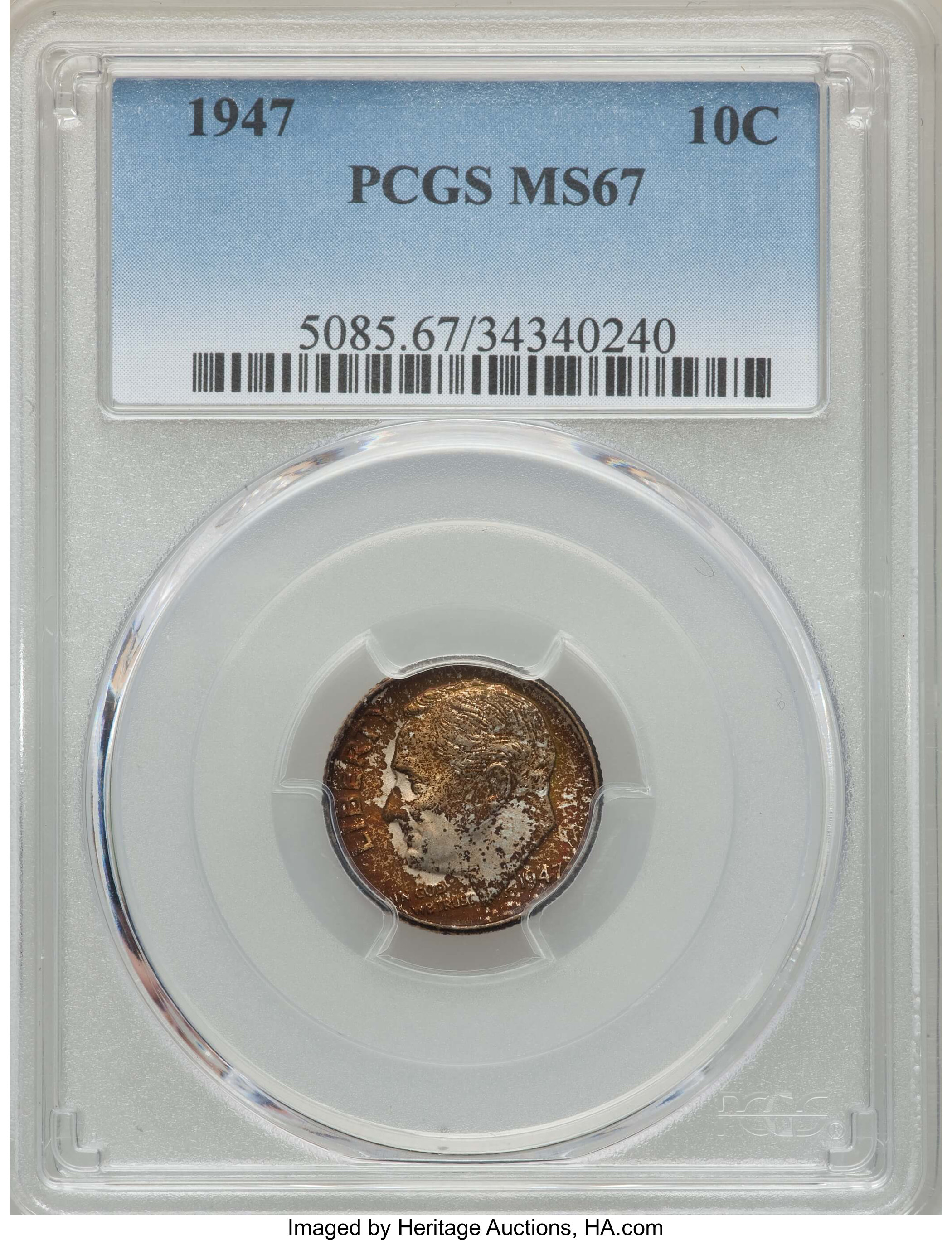 1947 10C MS67 PCGS. PCGS Population: (103/0). NGC Census: (274/3). CDN: $40 Whsle. Bid for problem-free NGC/PCGS MS67. Mint...