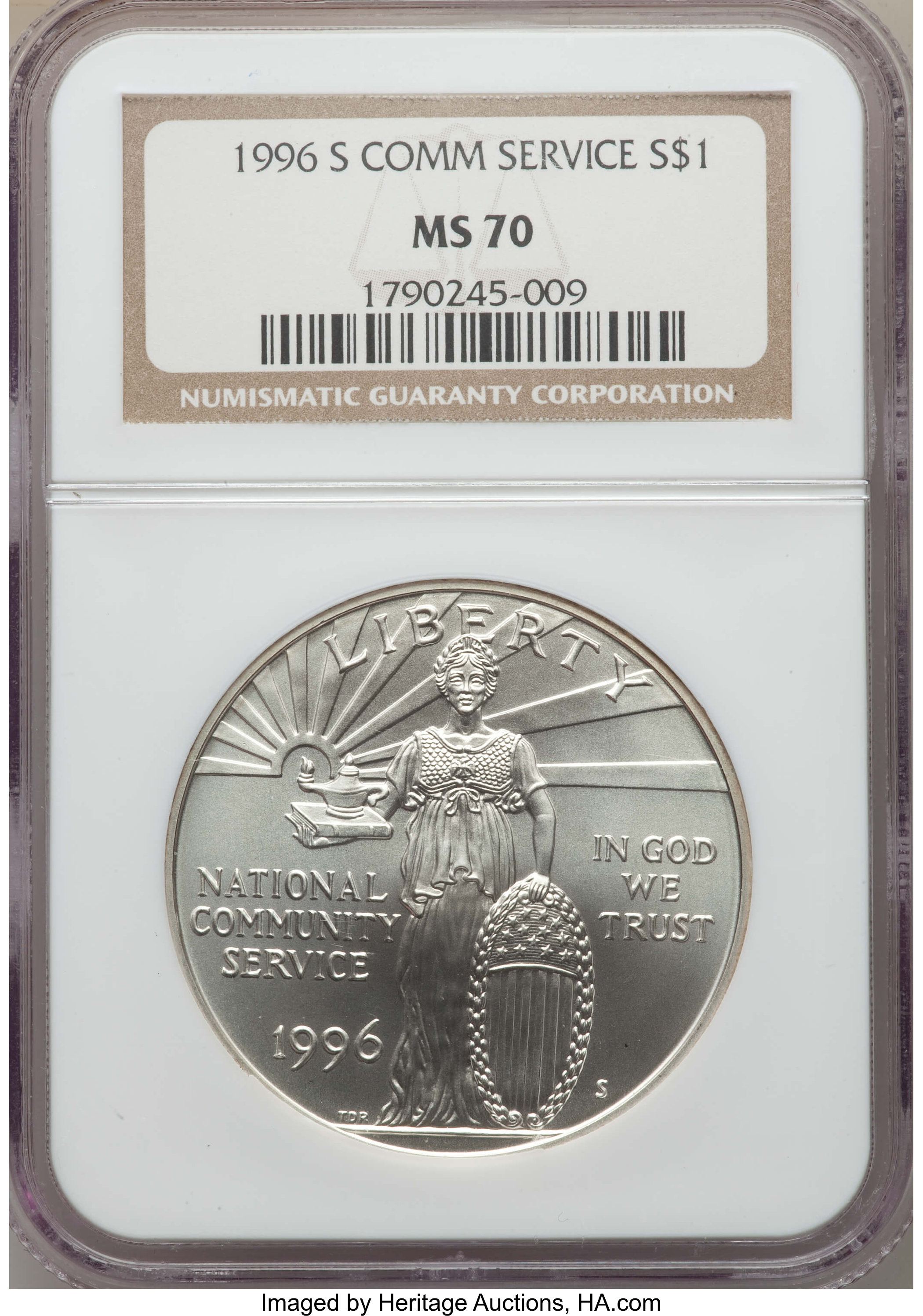 1996-S $1 Nat. Comm. Service MS70 NGC. NGC Census: (306). PCGS Population: (166). ...