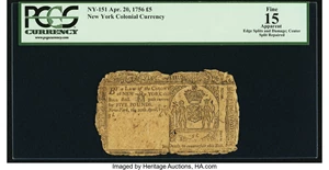 image for: New York April 20, 1756 £5 PCGS Apparent Fine 15....