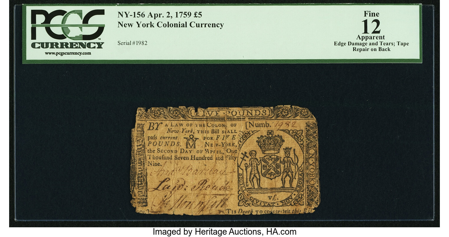 image for: New York April 2, 1759 £5 PCGS Apparent Fine 12....