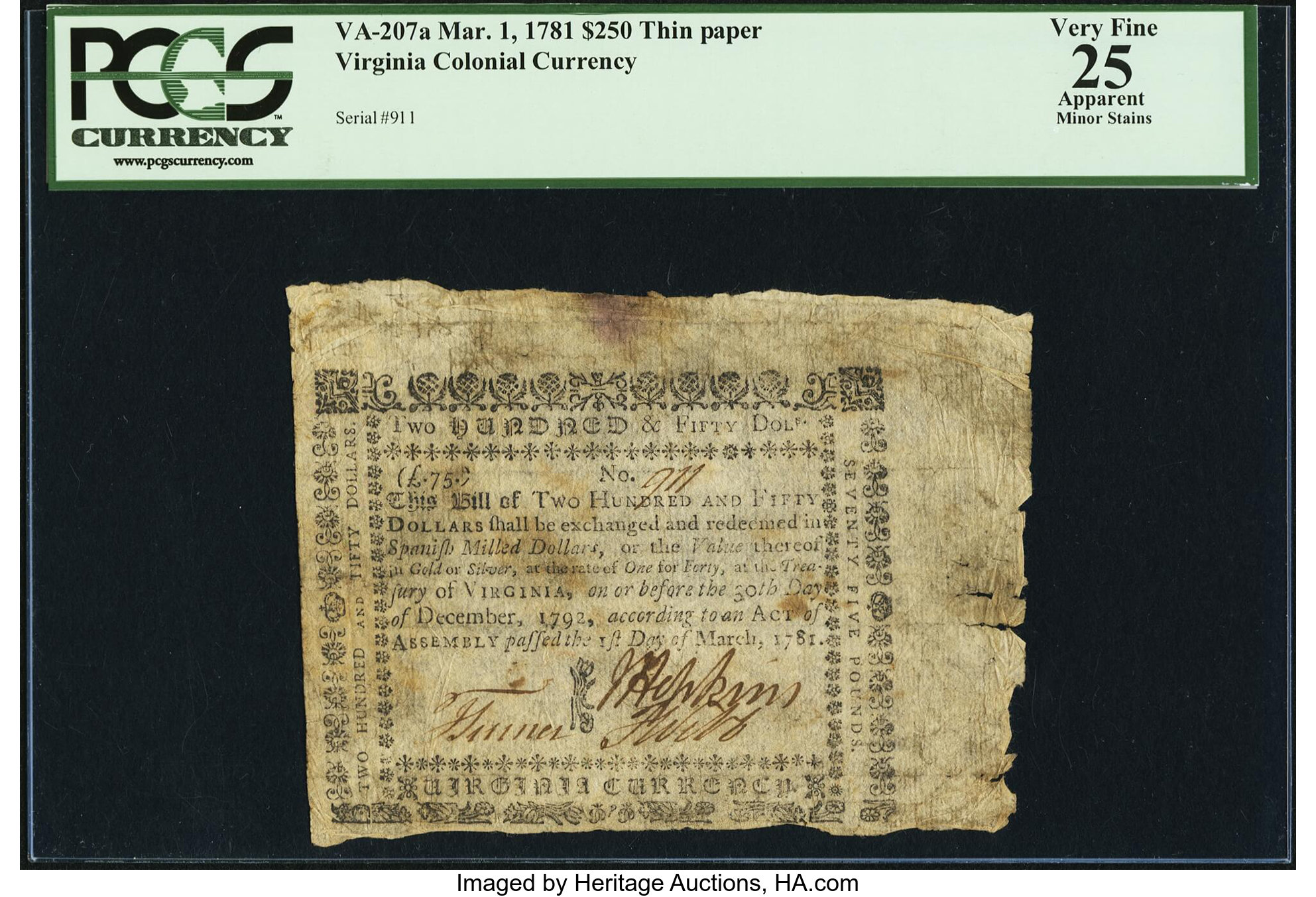 image for: Virginia March 1, 1781 $250 Thin Laid Paper PCGS Apparent Very Fine 25....