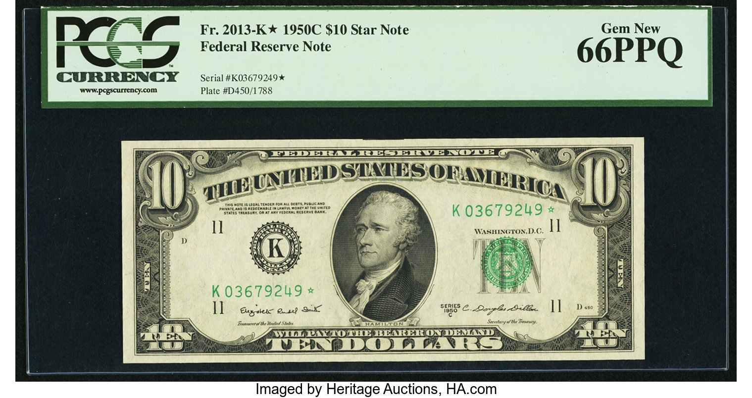 image for: Fr. 2013-K* $10 1950C Federal Reserve Star Note. PCGS Gem New 66PPQ....