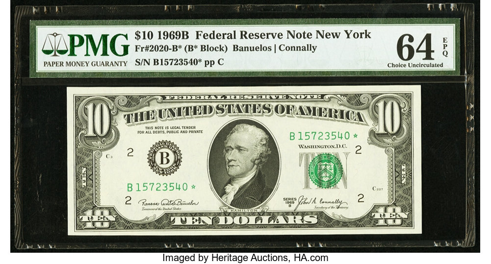 image for: Fr. 2020-B* $10 1969B Federal Reserve Note. PMG Choice Uncirculated 64 EPQ....