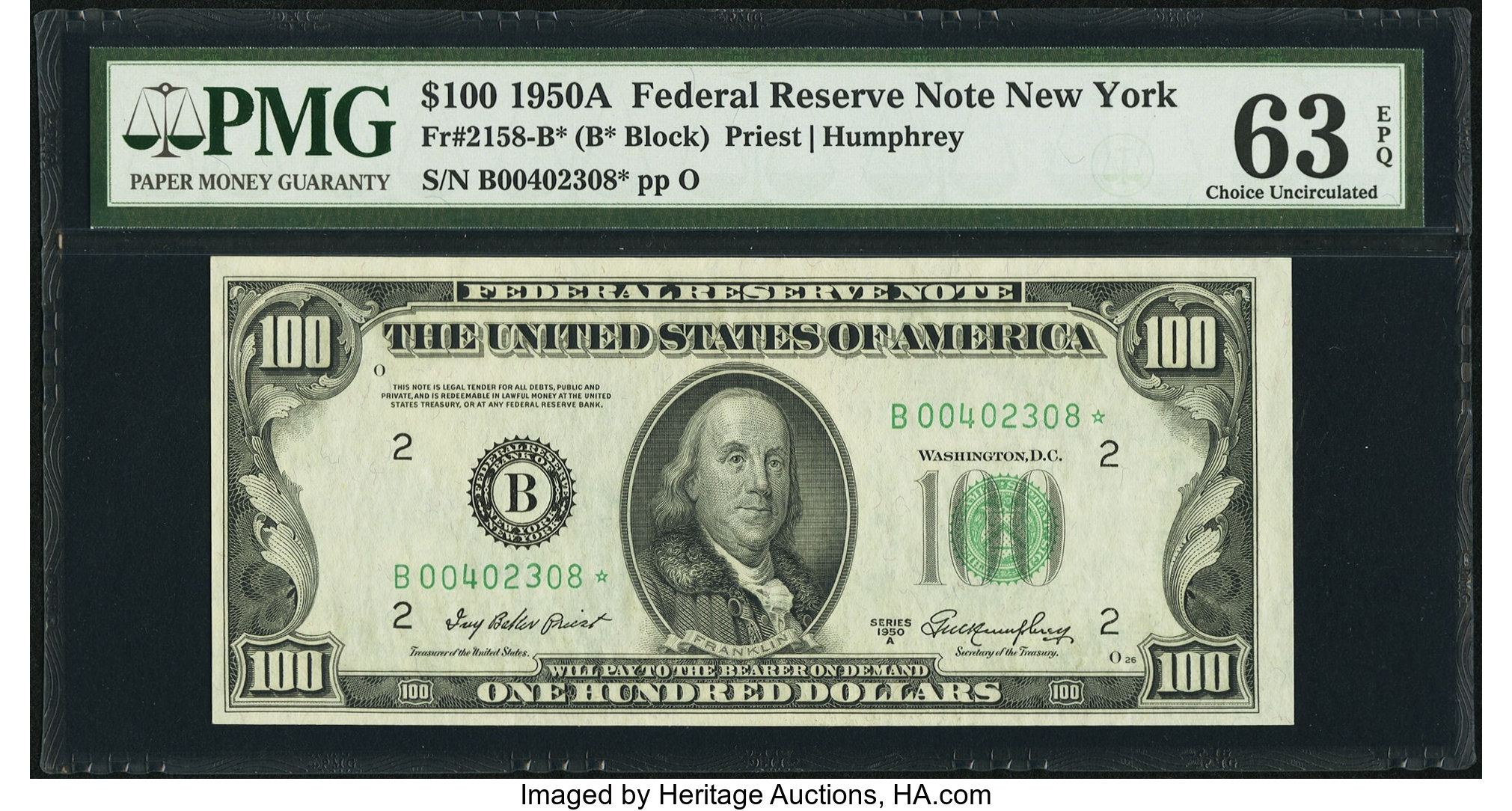 image for: Fr. 2158-B* $100 1950A Federal Reserve Star Note. PMG Choice Uncirculated 63 EPQ....